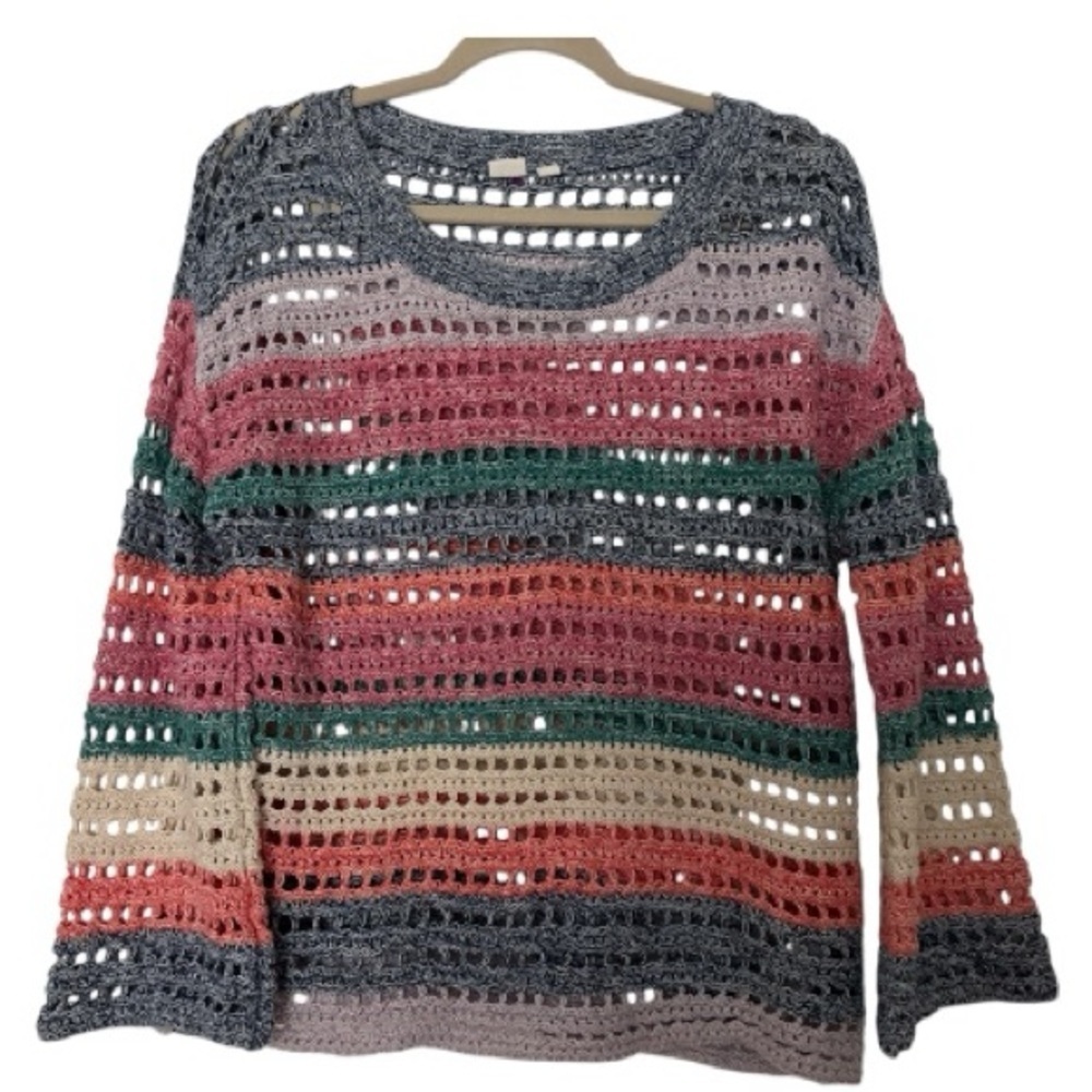 GAP open weave crocheted sweater, size M, bell sleeves, muted colors, loose fit - Picture 3 of 7